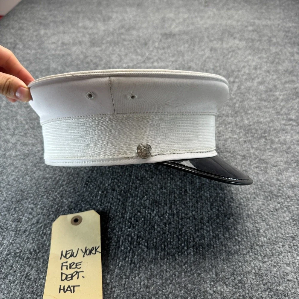 Vintage Fire Department Officer Dress Hat Cap White Bell Crown Black Visor 7 1/4